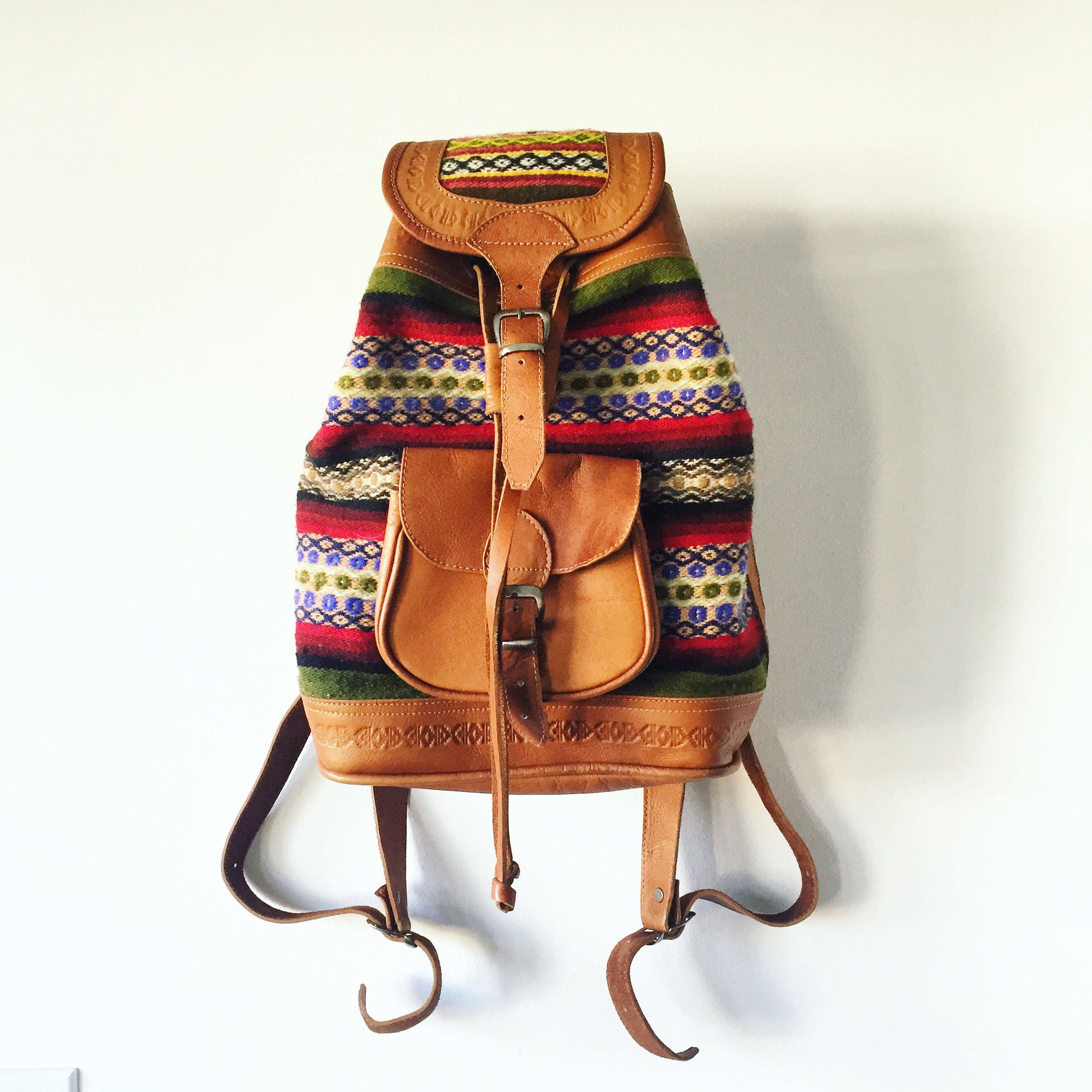 Vintage Blanket & Leather Backpack, Ecuador Wool Leather Backpack