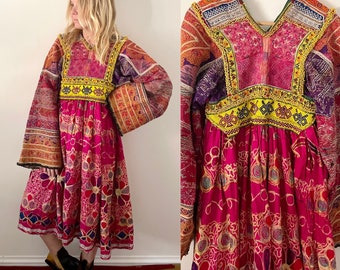 Vintage Kuchi Tribal Dress , Embroidered Beaded Silk Afghan Midi Dress