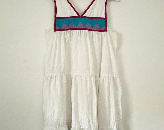 VintageIndia Cotton Dress Sundress , appliqué  Indian Summer Dress , White Sundress