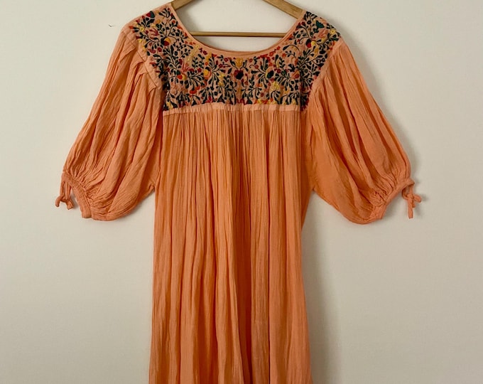 Vintage Mexican Gauze Dress, Ethnic Lace Dress , Balloon Sleeve Dress