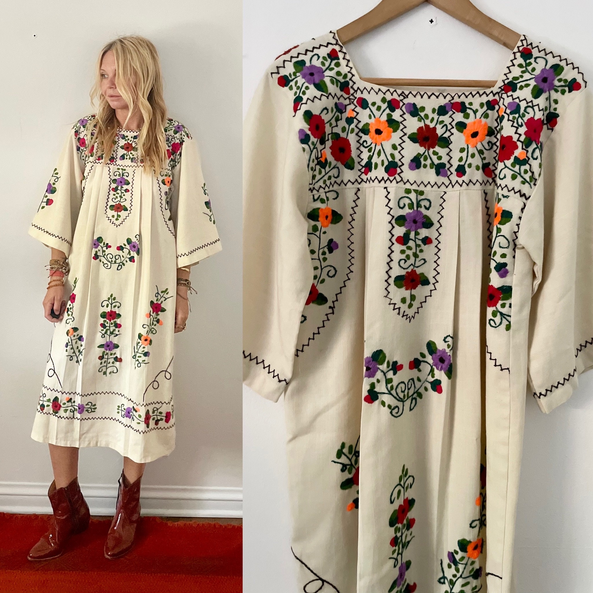 Vintage Mexican Hand Embroidered Dress , Oaxacan Floral