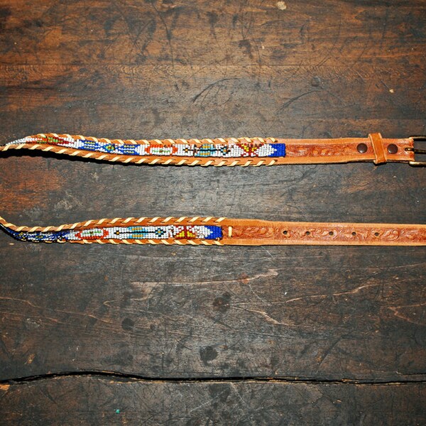 Vintage Navajo, Native American Beaded and Tooled Leather Belt