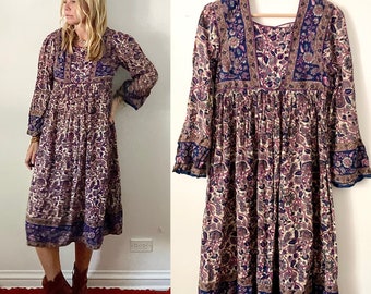 Vintage Indian Block Print  Cotton Dress , India Cotton Dress , Boho Midi Dress