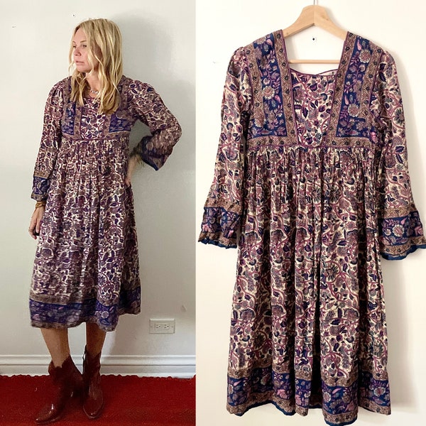 Vintage Indian Block Print  Cotton Dress , India Cotton Dress , Boho Midi Dress