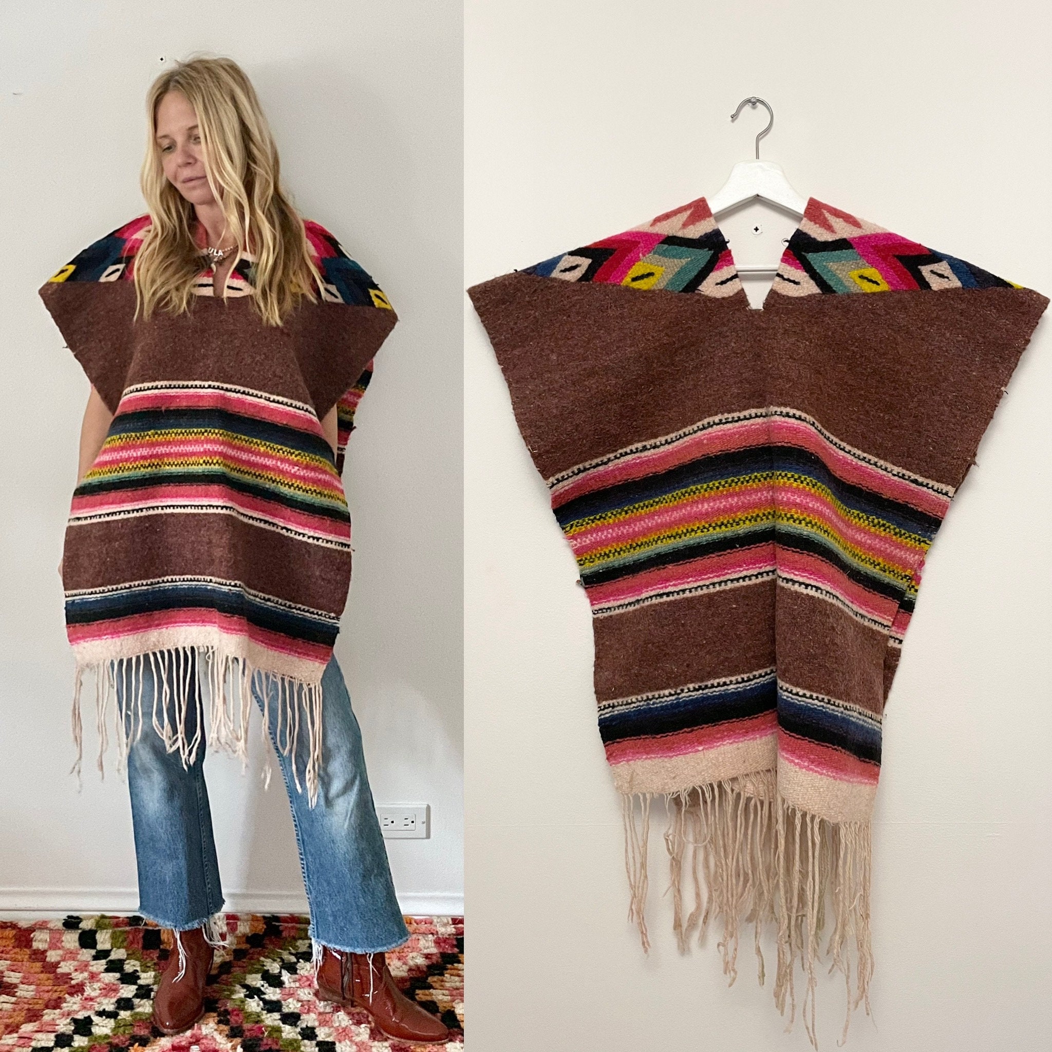 Vintage 60s Mexican Serape Poncho, Blanket Poncho