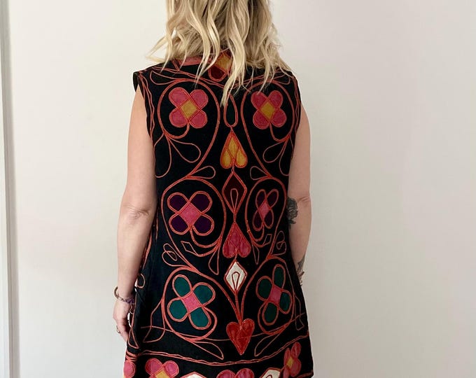 Vintage Ottoman Velvet Tribal Vest , Velvet Embroidered Long Vest, Hippie Vest