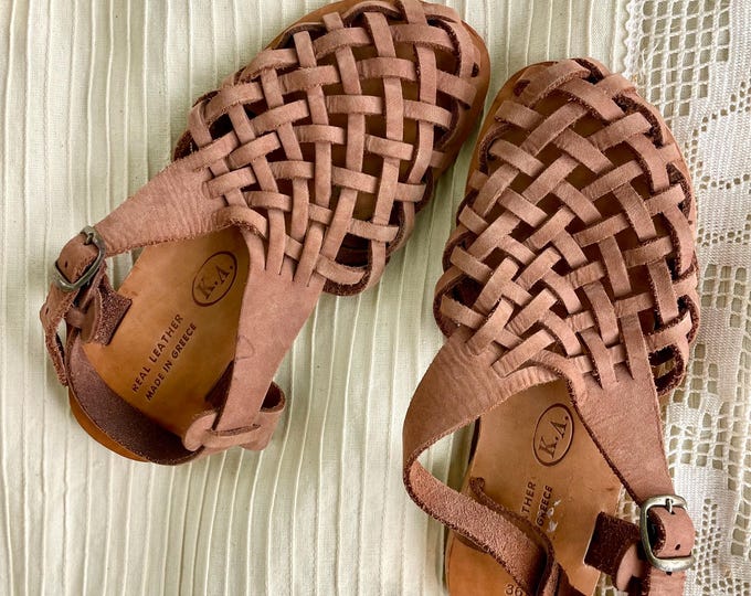 Vintage Greek Woven Leather Sandals, Natural Leather Slip on Shoes , Greek Leather Flats size 6