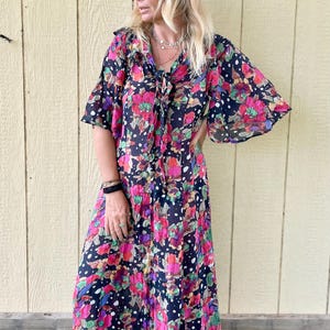 Vintage Cotton Floral Polka Dot Dress Dress, Gauze Floral Maxi Dress , 80s Cotton Dress