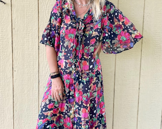 Vintage Cotton Floral Polka Dot Dress Dress, Gauze Floral Maxi Dress , 80s Cotton Dress