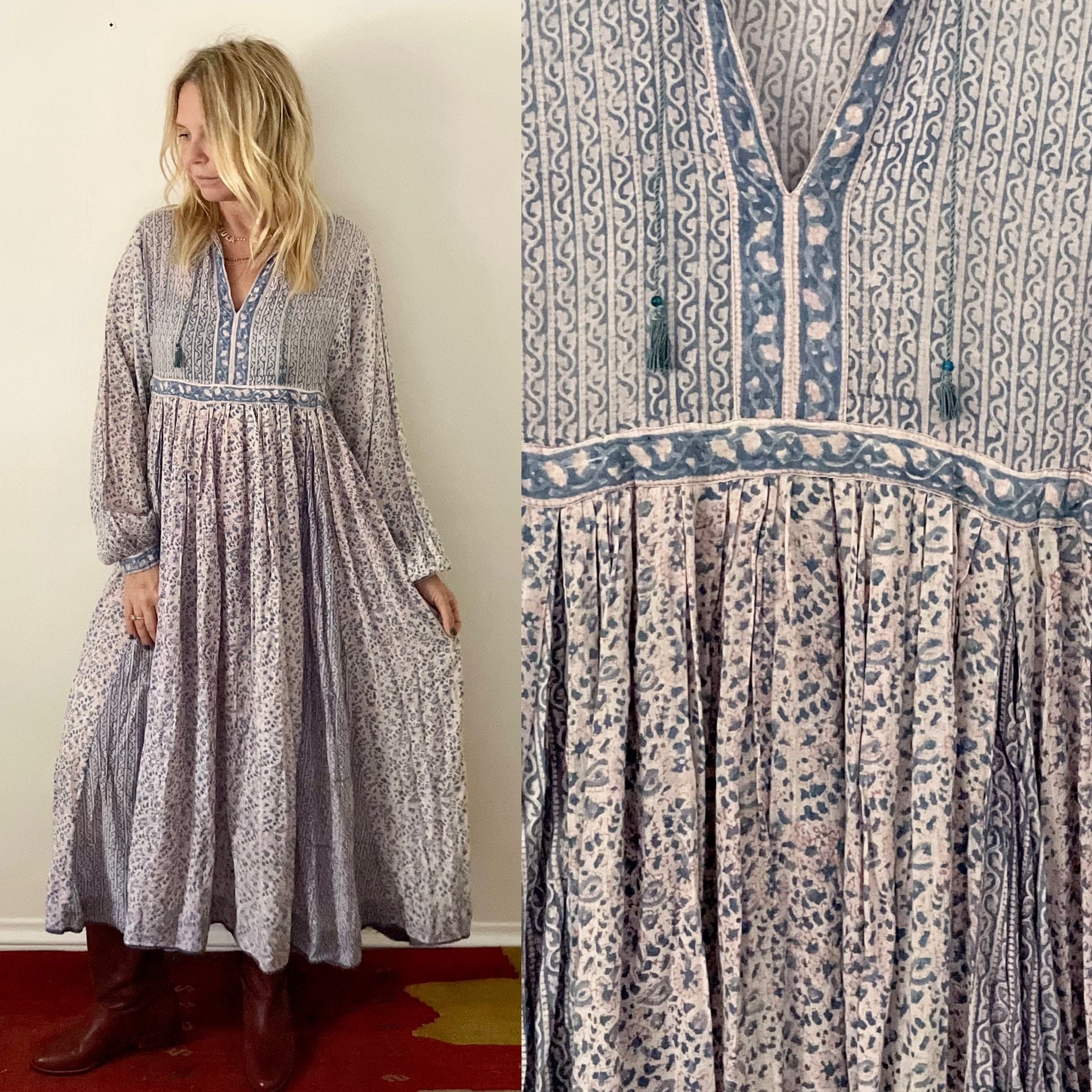 Vintage 70s Indian Cotton Gauze Dress India Gauze Dress Block Print India Dress BOHO Dress