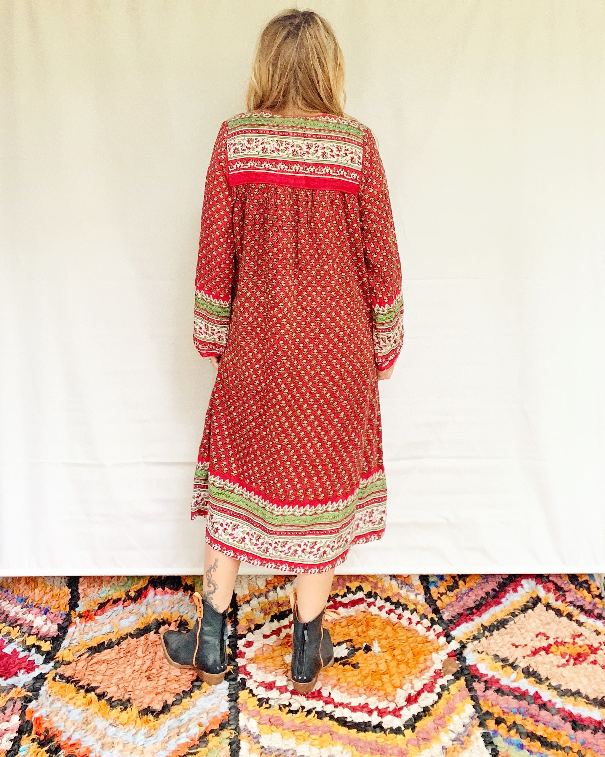 Vintage India Cotton Gauze Dress , Indian Cotton Kaftan , Gauze Midi Dress