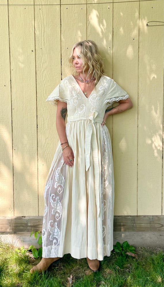 mexican cotton embroidered dresses Vintage 60s Hand Crochet Mexican Dress: Embroidered Lace Cotton Maxi