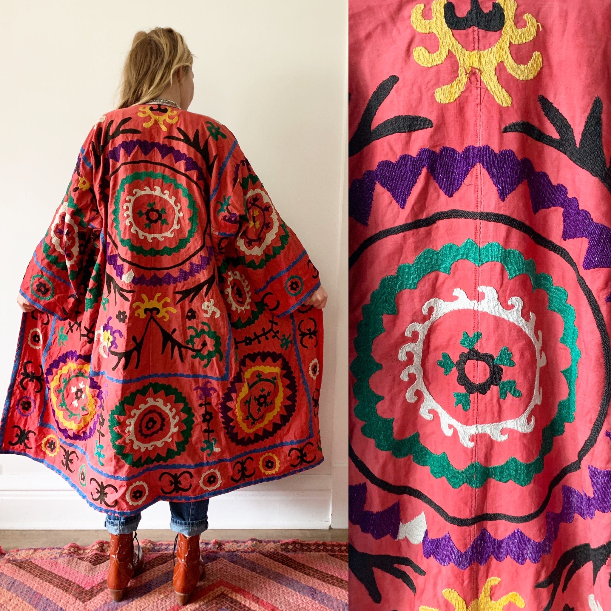 Vintage Embroidered Coat, Uzbek Tribal Coat , Embroidered Kimono Coat