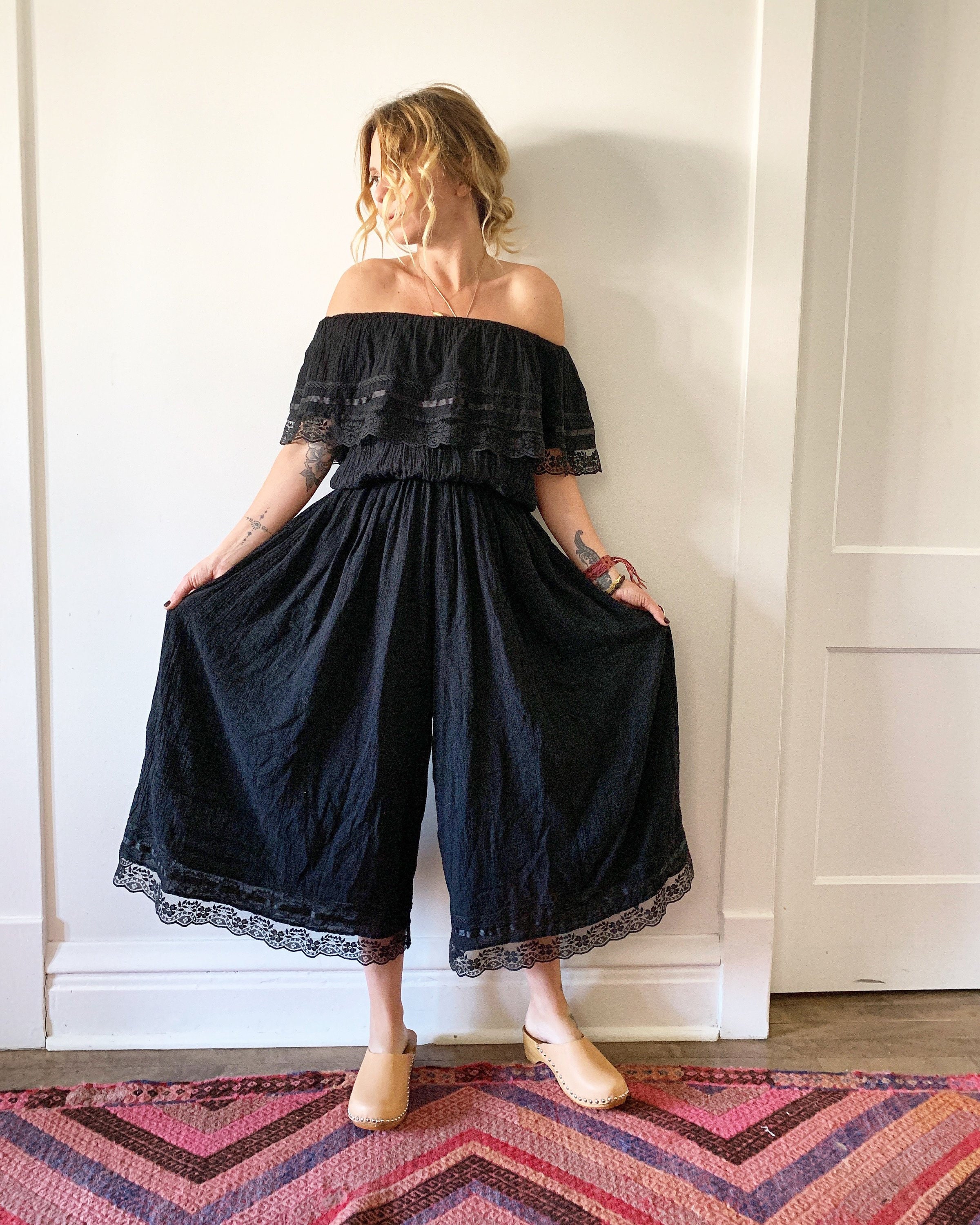 Vintage Cotton Gauze Jumpsuit, Mexican Gauze Playsuit , Black Jumpsuit , One Piece