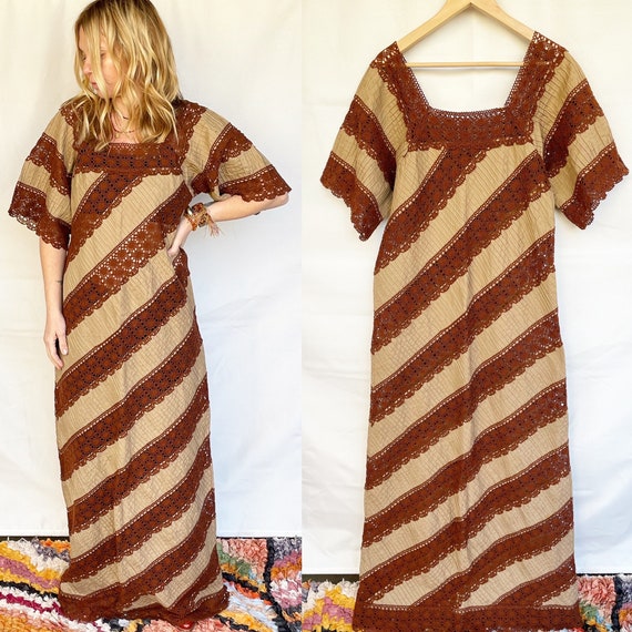 Vintage Mexican Laced Maxi Dress , Mexican Crochet