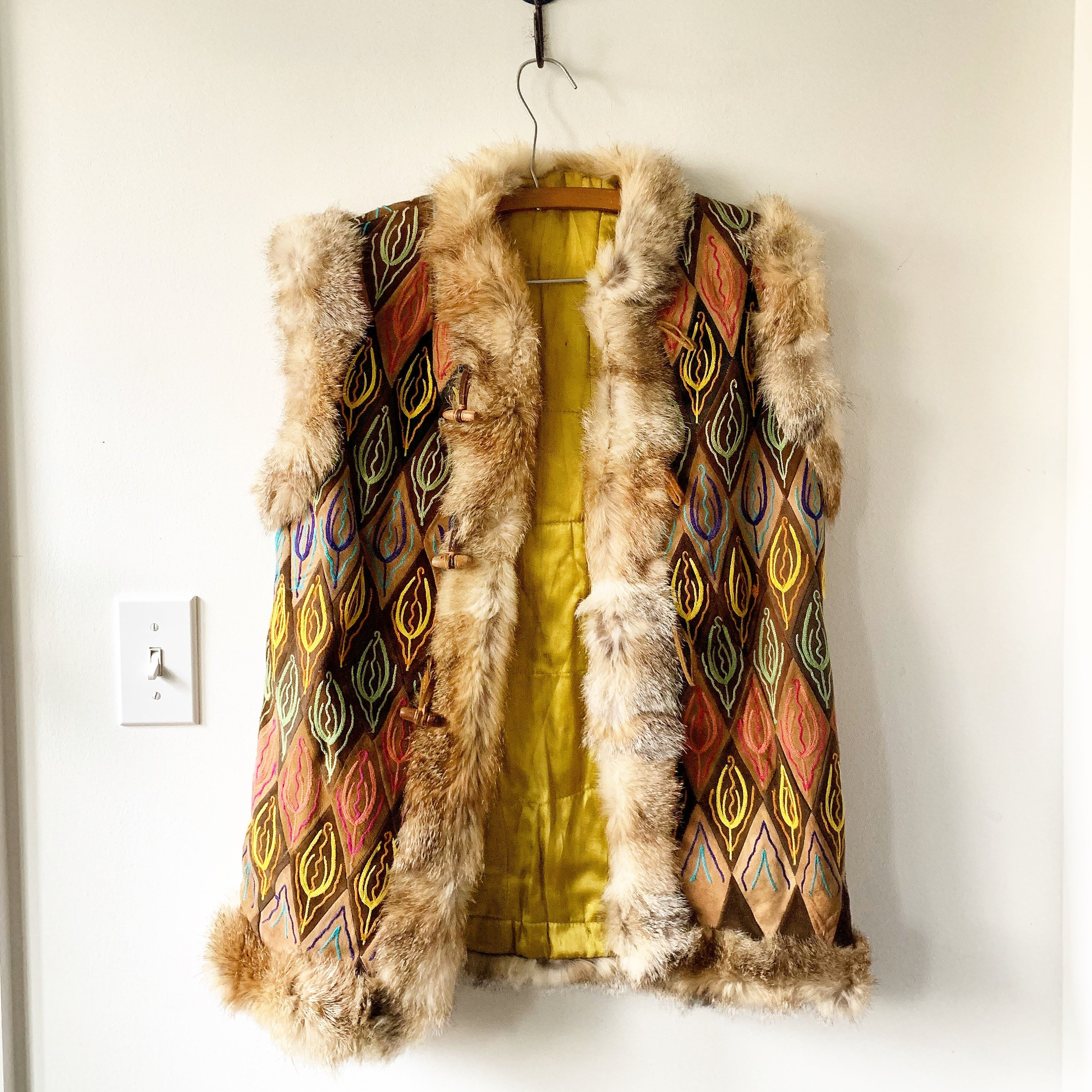Vintage 70s Embroidered Ethnic Fur Vest Suede Embroidered Gilet BOHO Hippie Vest Afghan Suede Vest