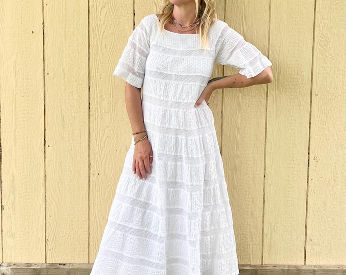 Vintage Cotton Crochet Trim Mexican Midi ,  White Cotton Midi Dress , White Mexican Wedding Dress , Bohemian Całe Crochet Dress