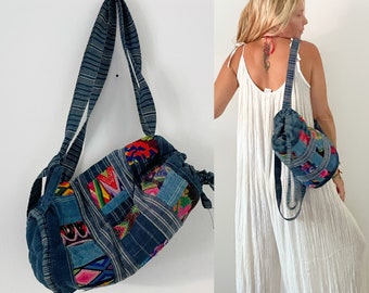 Vintage Ethnic Textile Bucket Bag, Guatemalan Textile Backpack , Guatemalan Patchwork Indigo Backpack