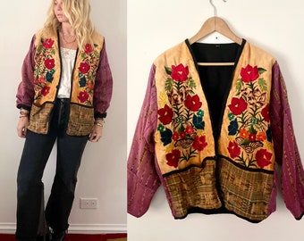 Vintage Guatemalan Ikat Jacket  , Huipil Embroidered Coat , Ethnic Kimono Jacket , Floral Embroidered Ikat Jacket