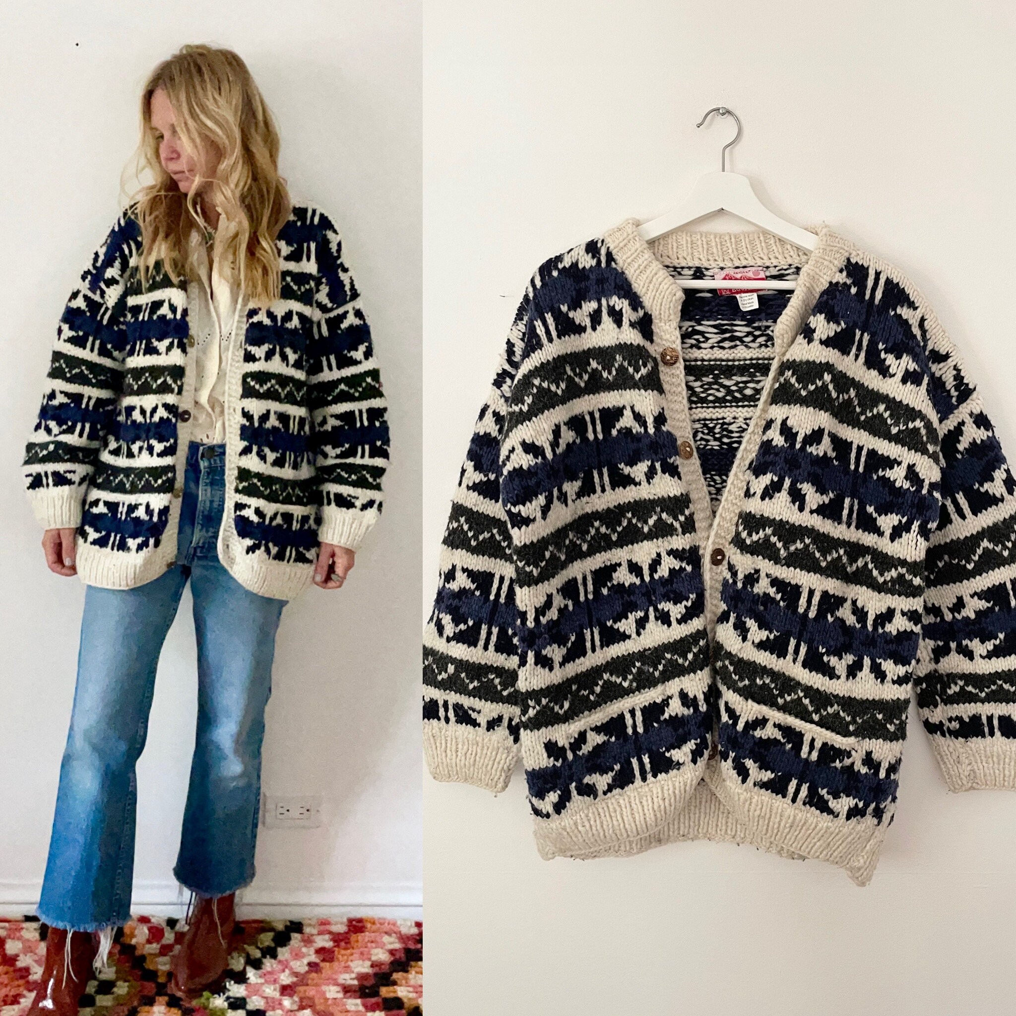 Vintage Ethnic Hand Knit Wool Cardigan , Ecuadorian Wool Vintage Ethnic Hand Knit Wool Cardigan , Ecuadorian Wool