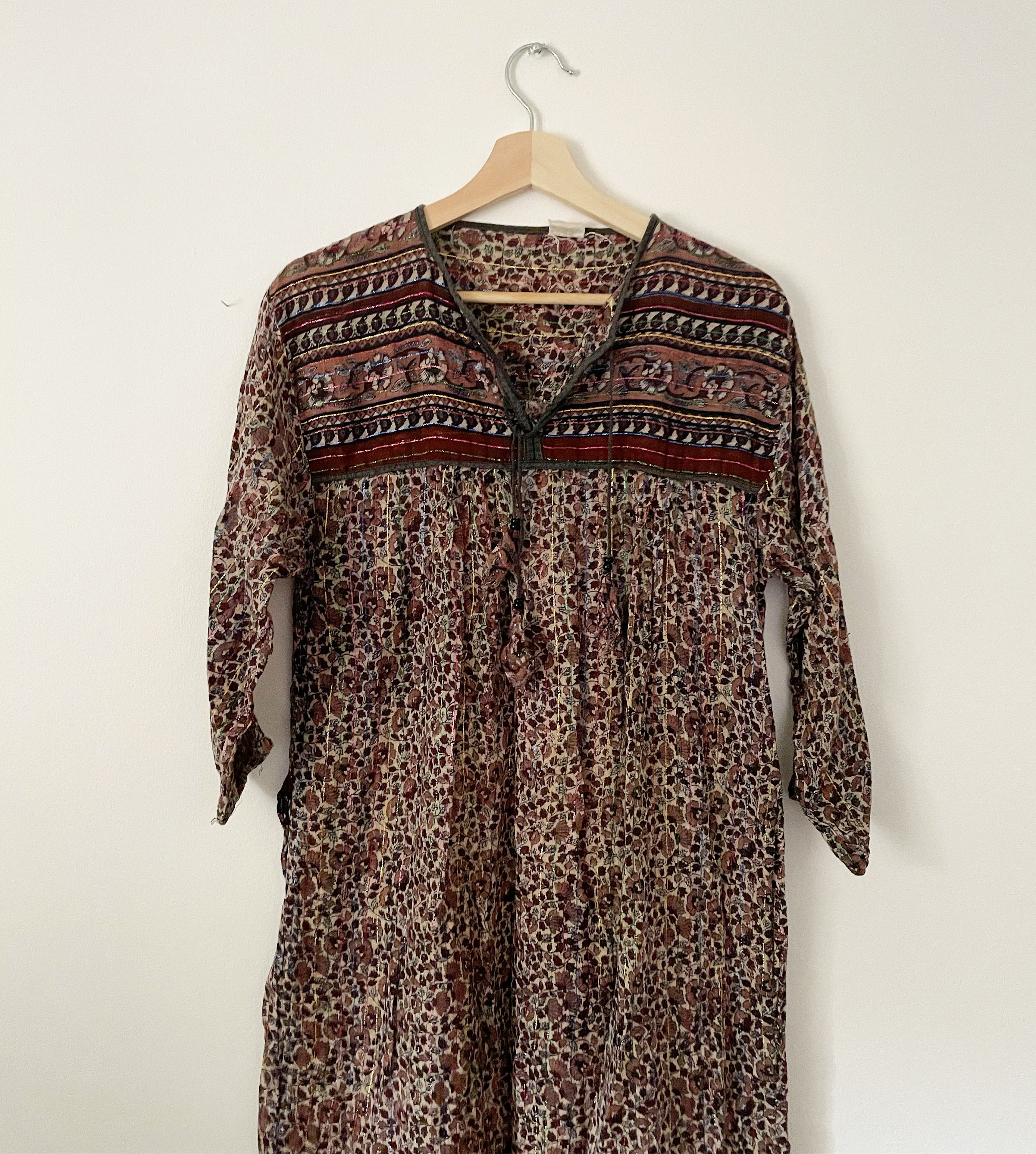 Vintage India Cotton Gauze Dress , Indian Cotton Kaftan , Lurex Gauze