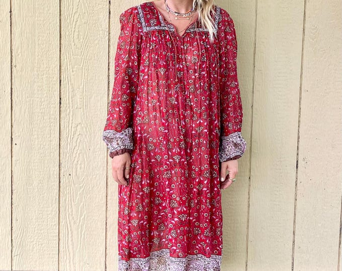 Vintage AMBER Red India Cotton Gauze Dress , Indian Gauze Tunic Dress , Red Gauze Bohemian Dress , Block Print Dress