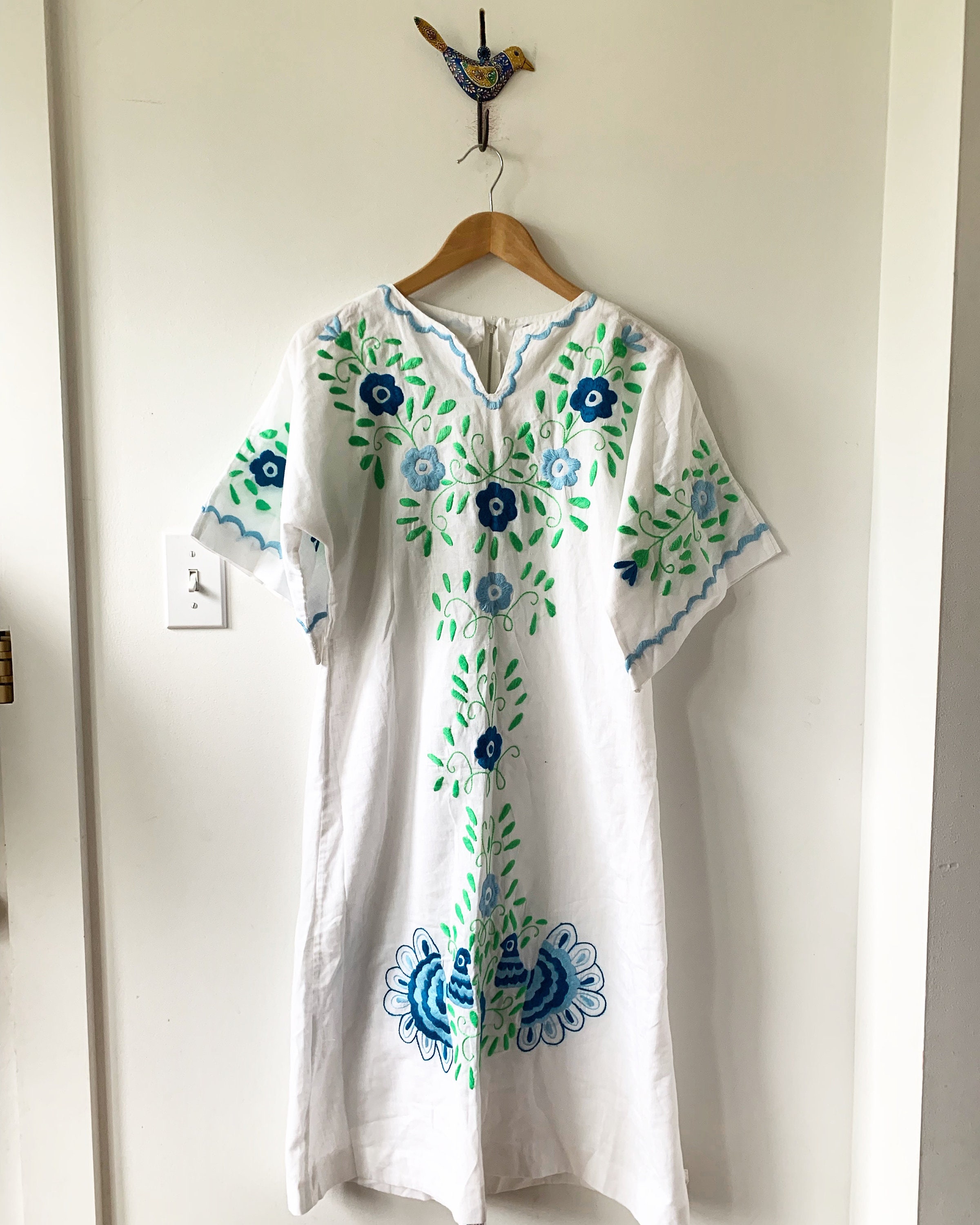 Vintage Embroidered Mexican Dress, Peacock Tunic Dress