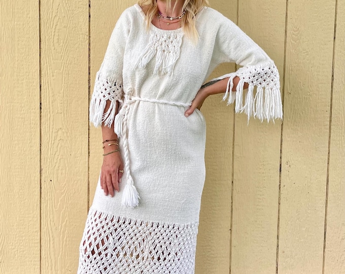 Vintage 60s Natural Woven Cotton Macramé Maxi , Bohemian Hippie Cotton Kaftan , Hand Loomed Cotton Macramé Boho Dress
