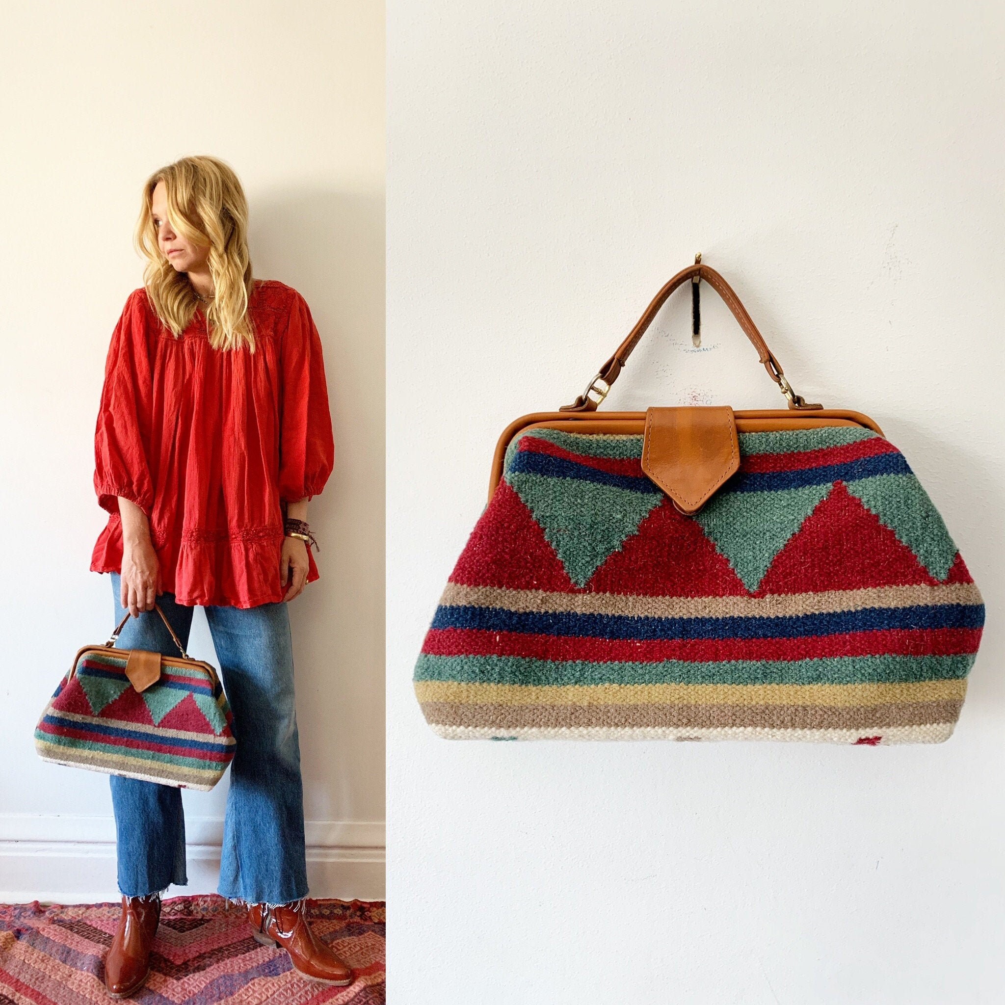 Vintage Turkish Kilim Handbag , Southwestern Carpet Bag