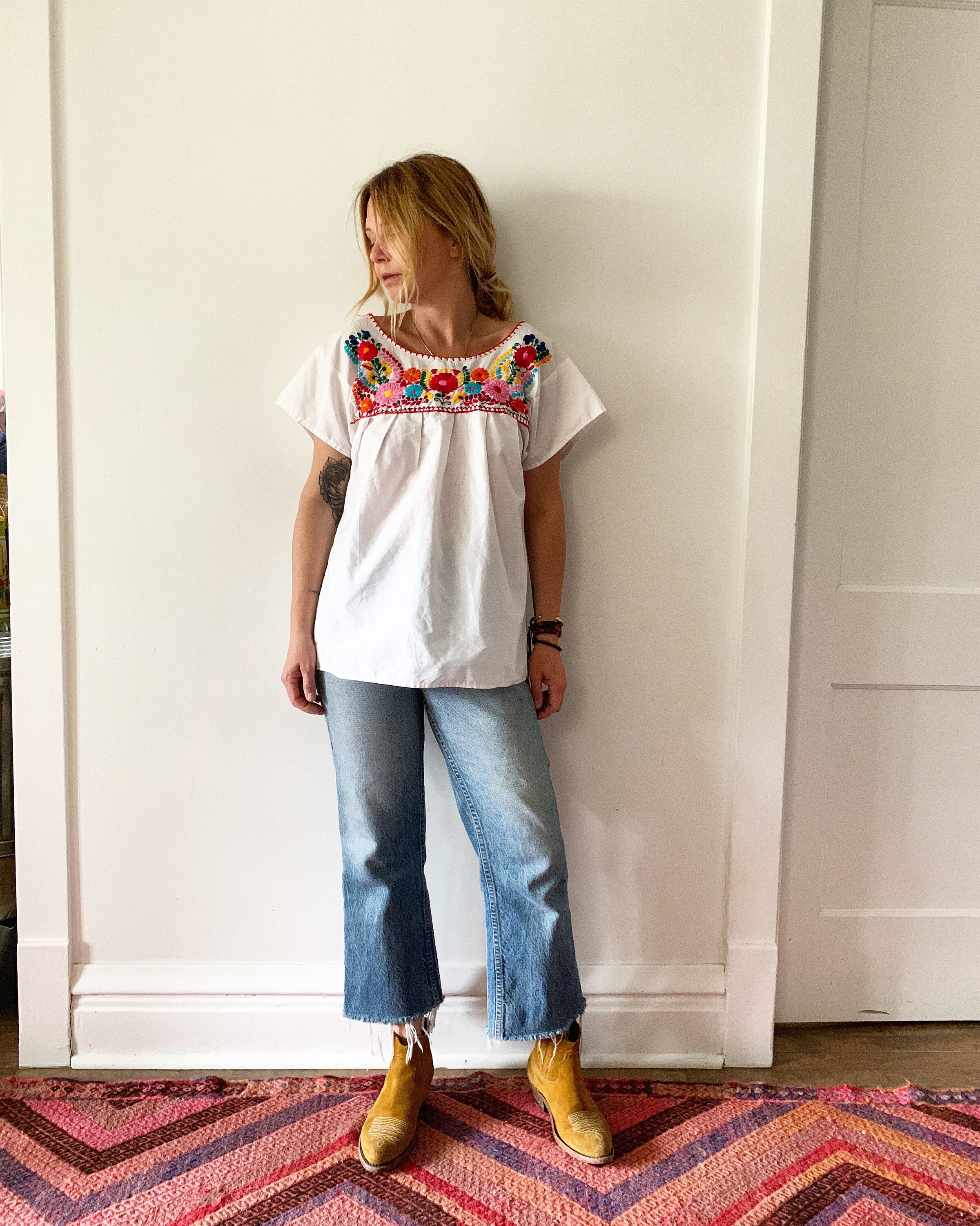 Vintage Hand Embroidered Mexican Blouse , Mexican Tunic Top , Ethnic