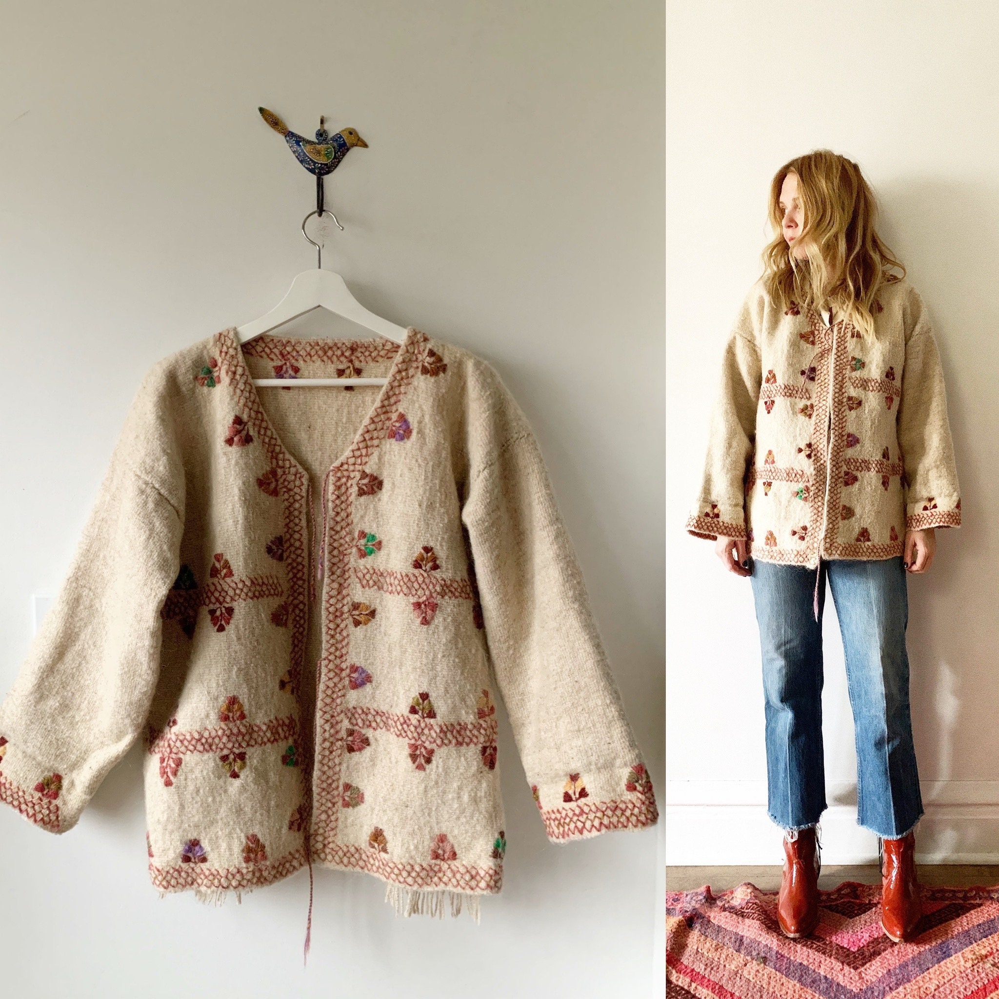 Vintage Ethnic Embroidered Wool Jacket , BOHO Ethnic Coat, Blanket Coat