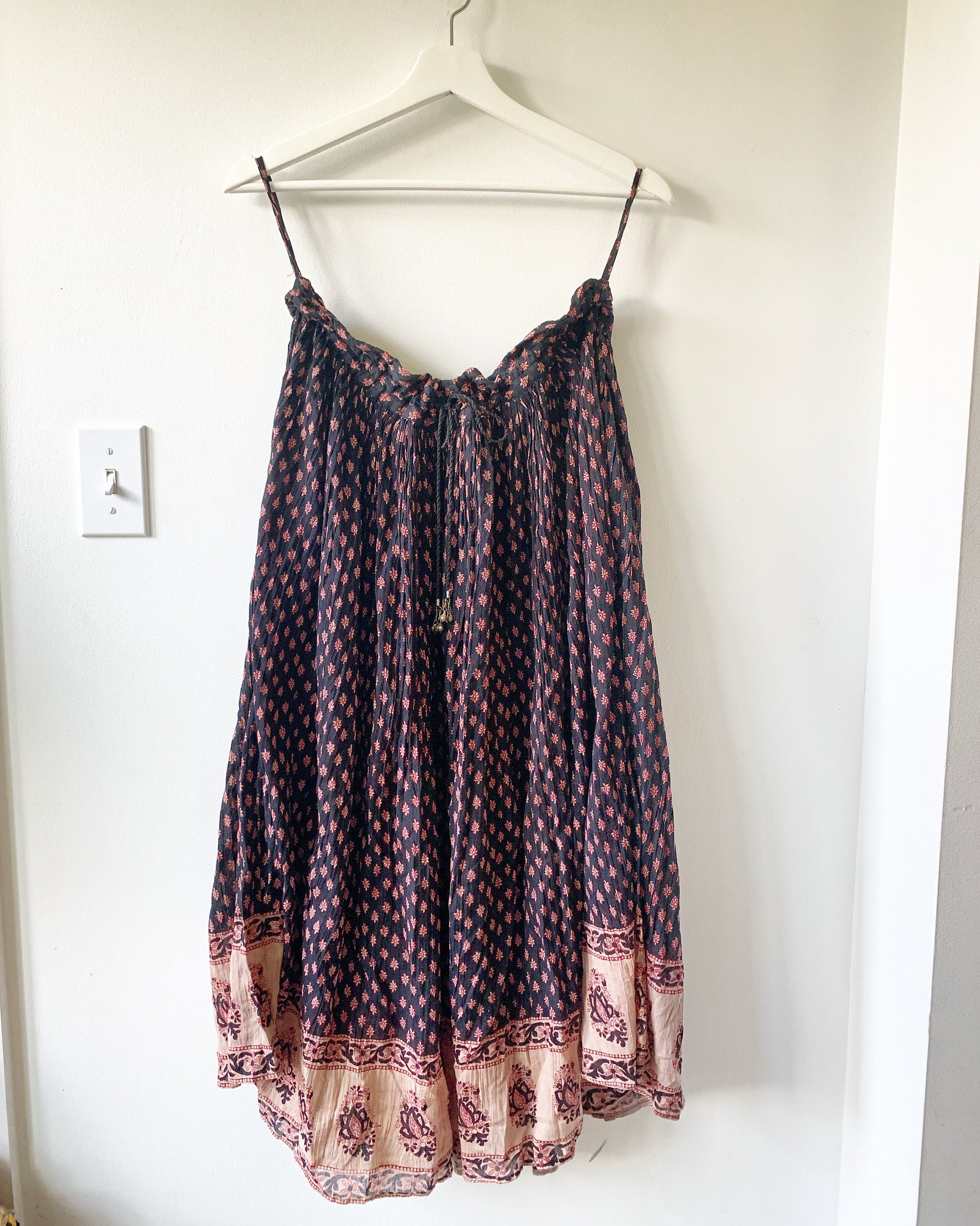 Vintage India Cotton Gauze Skirt , Block Print Midi