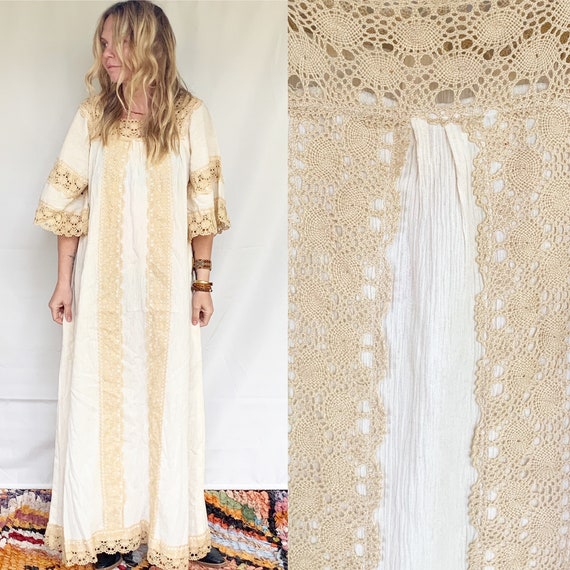 Vintage Mexican Gauze Laced Kaftan , Mexican Maxi