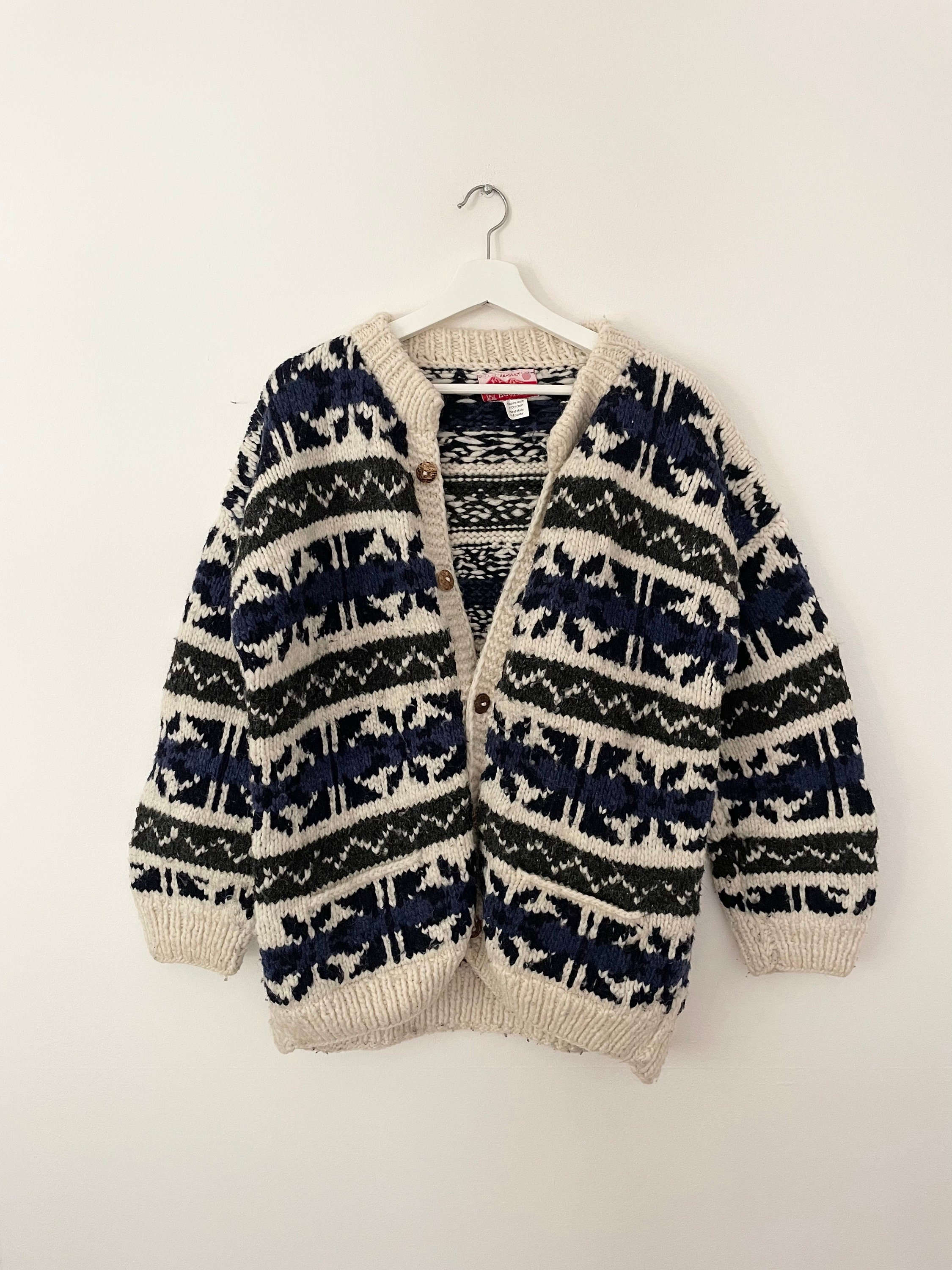 Vintage Ethnic Hand Knit Wool Cardigan , Ecuadorian Wool Vintage Ethnic Hand Knit Wool Cardigan , Ecuadorian Wool