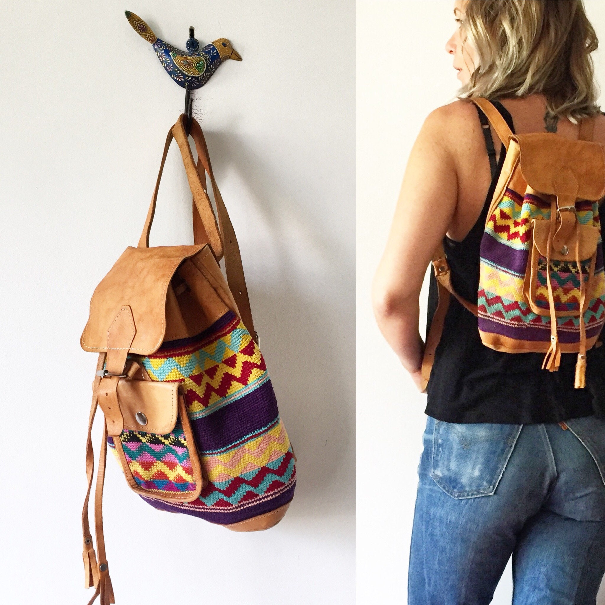Vintage Ethnic Woven Backpack , Leather Textile Backpack , Crochet
