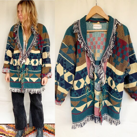 Vintage Southwestern Blanket Coat , Cotton Blanket