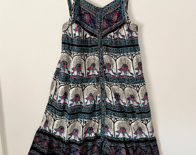 Vintage Peacock Print Indian Cotton Dress , Block Print Dummer Dress