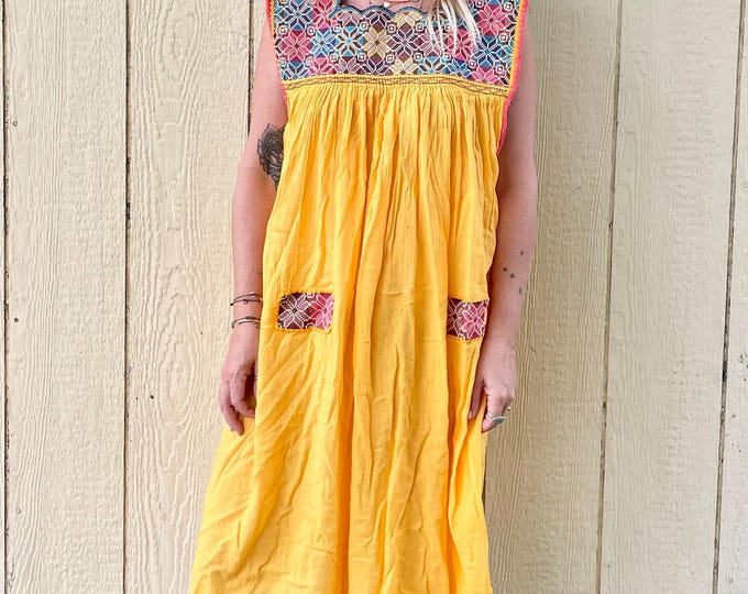 Vintage Embroidered Mexican Dress, Chiapas Midi Yellow Dress , Yellow Gauze Sundress , Boho Dress