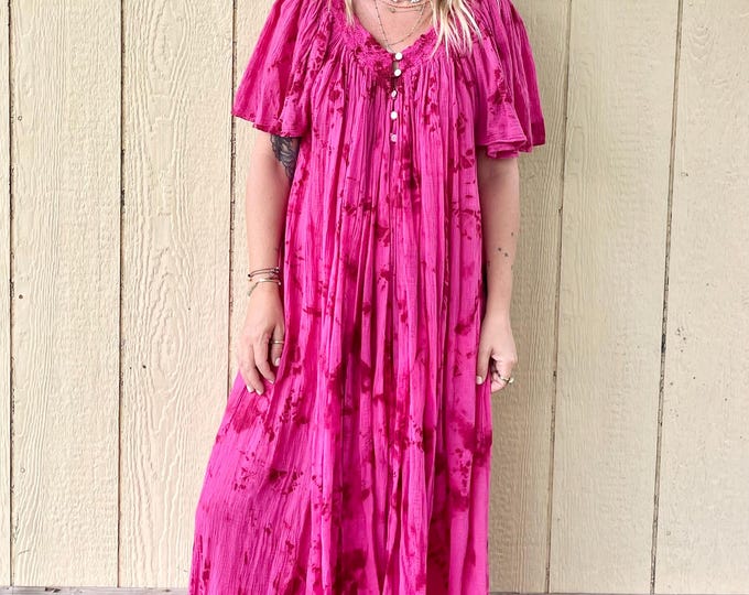 Vintage American Climax Cotton Gauze Maxi , Pink Gauze Maxi , Angel Sleeve Kaftan , Toe Dye Cotton Gauze Maxi Dress