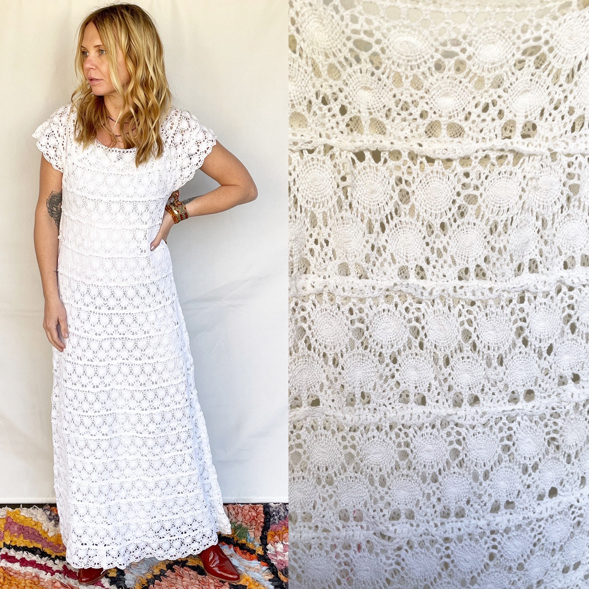 Vintage Cotton Crochet Midi Dress , Vintage Knit Dress