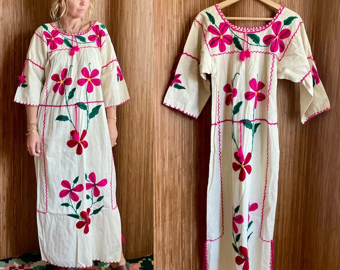 Vintage Mexican Hand Embroidered Maxi Dress - Pink Floral Boho Folk Art  Resort Kaftan