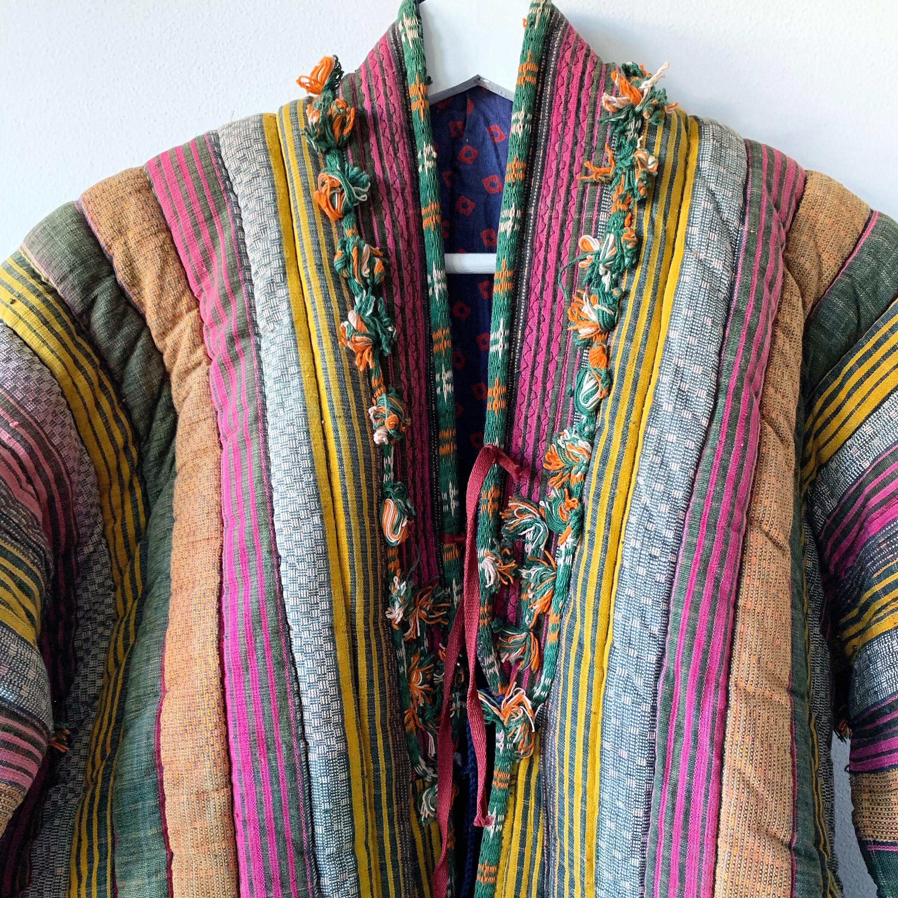 Vintage Uzbek Tribal Coat , Ethnic Quilted Coat , Striped Maxi Coat , Woven Ethnic Coat