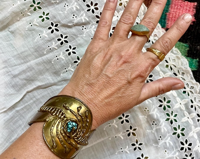 VTG Brutalist Brass Cuff Bracelet w/ Turquoise - Studio Artisan Modernist Statement Bracelet