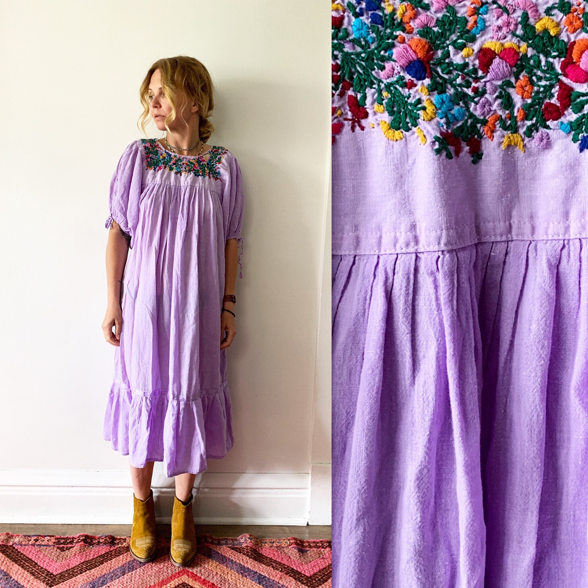 Vintage Mexican Gauze Dress, Ethnic Lace Dress , Balloon Sleeve Dress