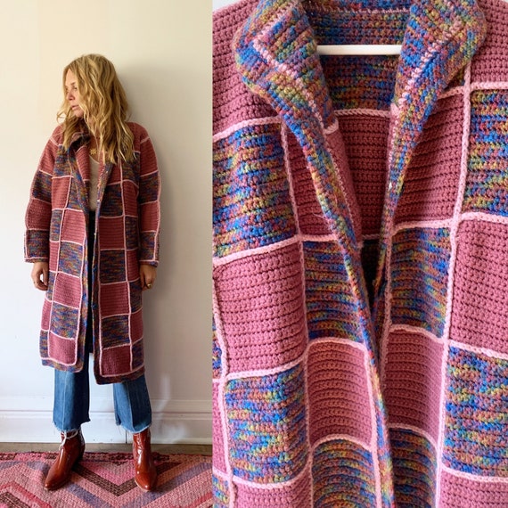 Vintage Afghan Crochet Cardigan , Granny Square Ov