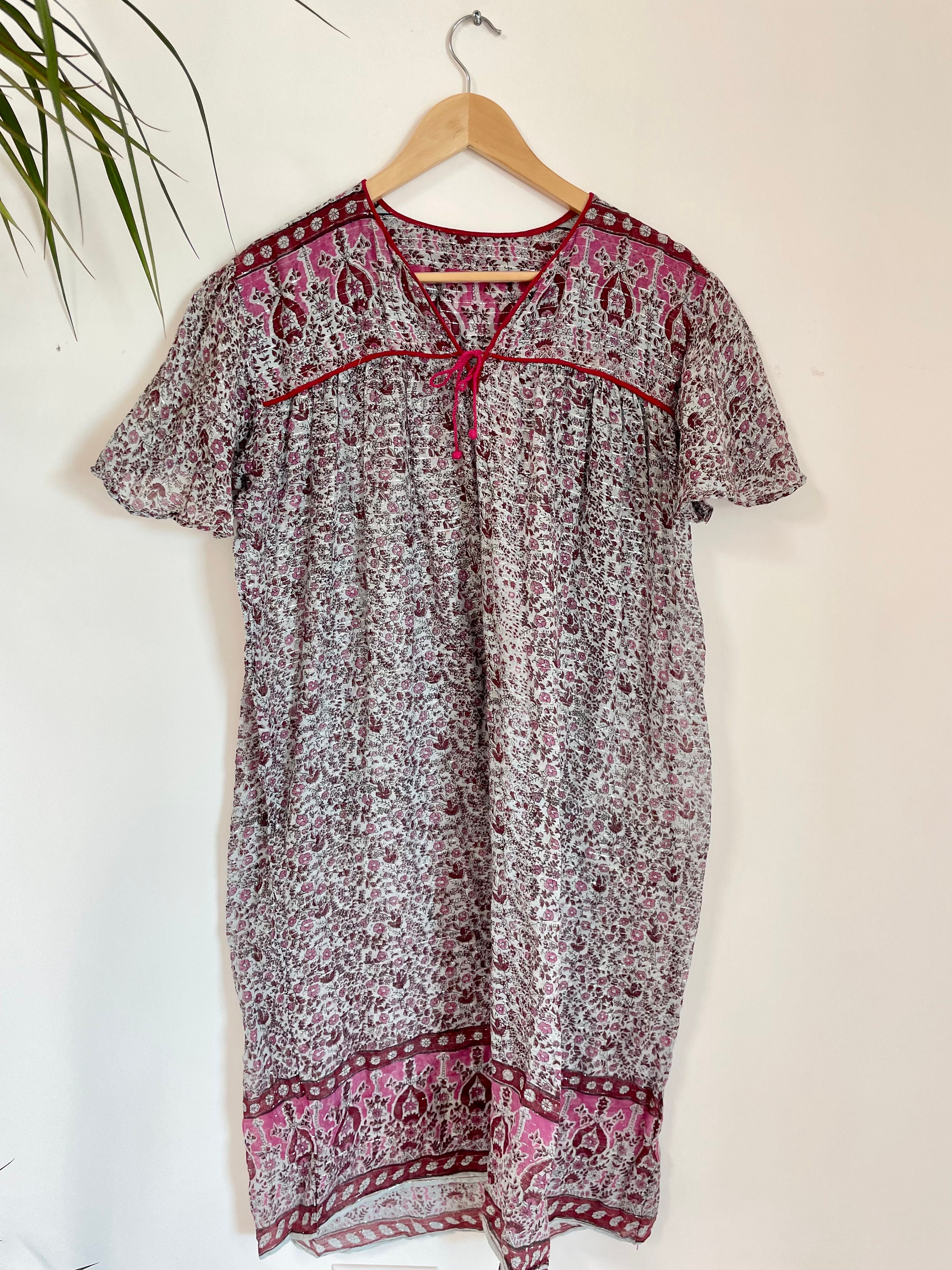 Vintage Metallic India Cotton Gauze Tunic Dress , Indian Gauze Dress