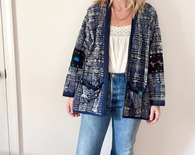 Vintage Guatemalan Ikat Jacket , Hand Loomed Cotton Layering Jacket , Ethnic  Jacket , Ikat Jacket w/ Embroidery