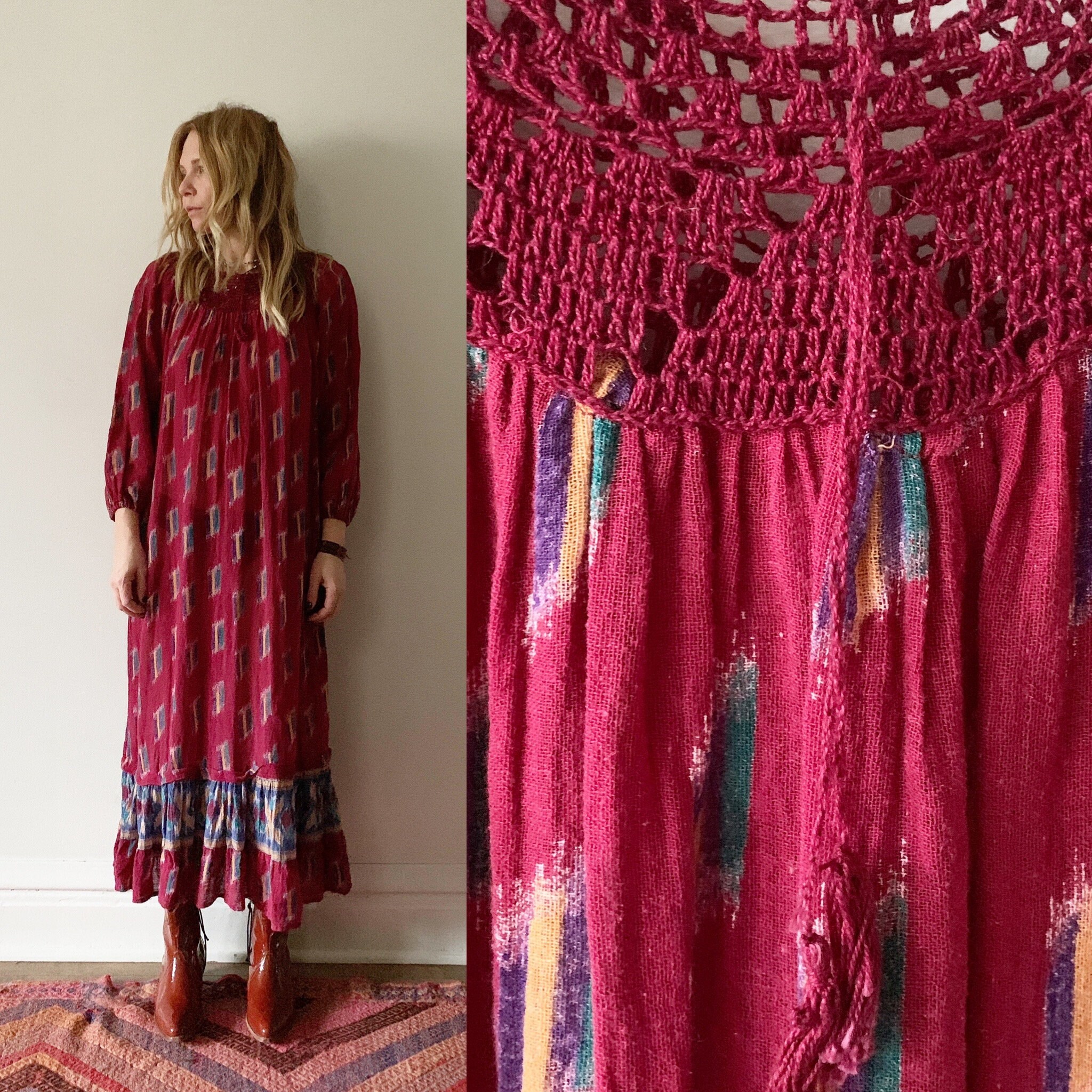 Vintage Indian Cotton Dress , Crochet Cotton Dress, Star of India Dress