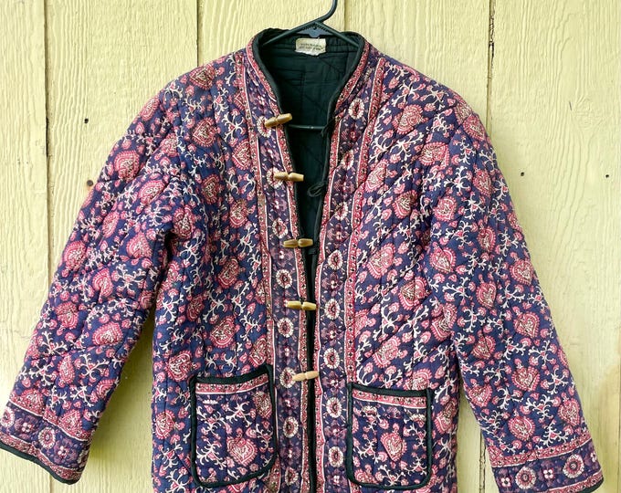Vintage 70s India Block Print Jacket , Quilted Indian Cotton Gauze Jacket , Indian Gauze Block Print Waist Coat