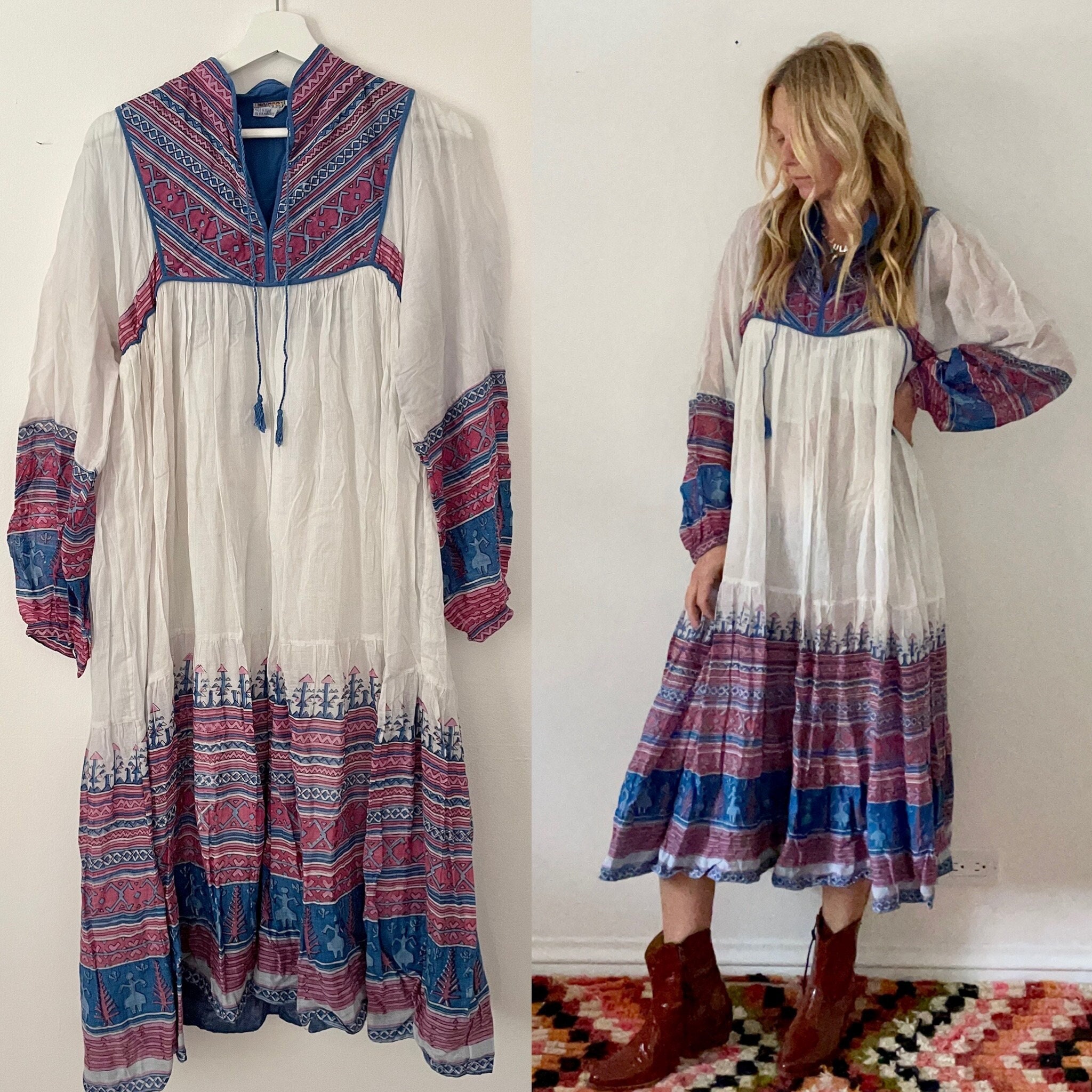 Vintage 70s Indian Cotton Gauze Dress , India Gauze Dress , Block Print